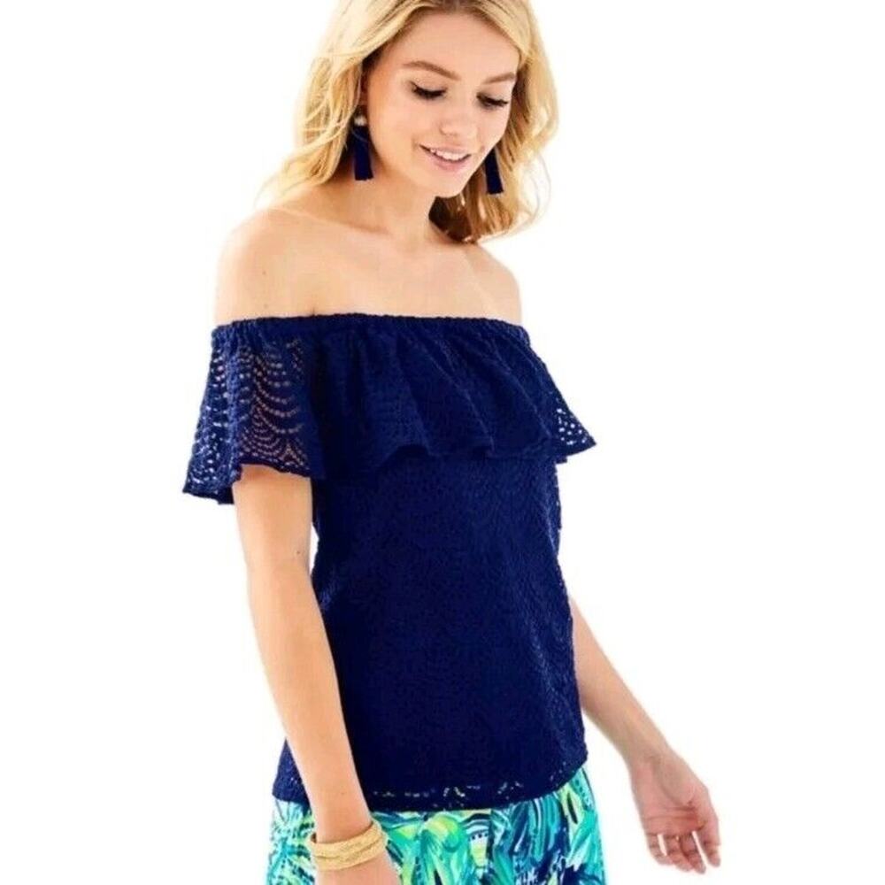 Lilly Pulitzer Top Womens Small Lace‎ Off The Shoulder Navy Blue Flounce Preppy